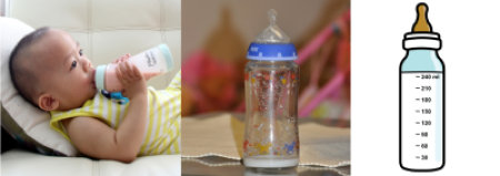 baby with bottle, photo of bottle and symbol